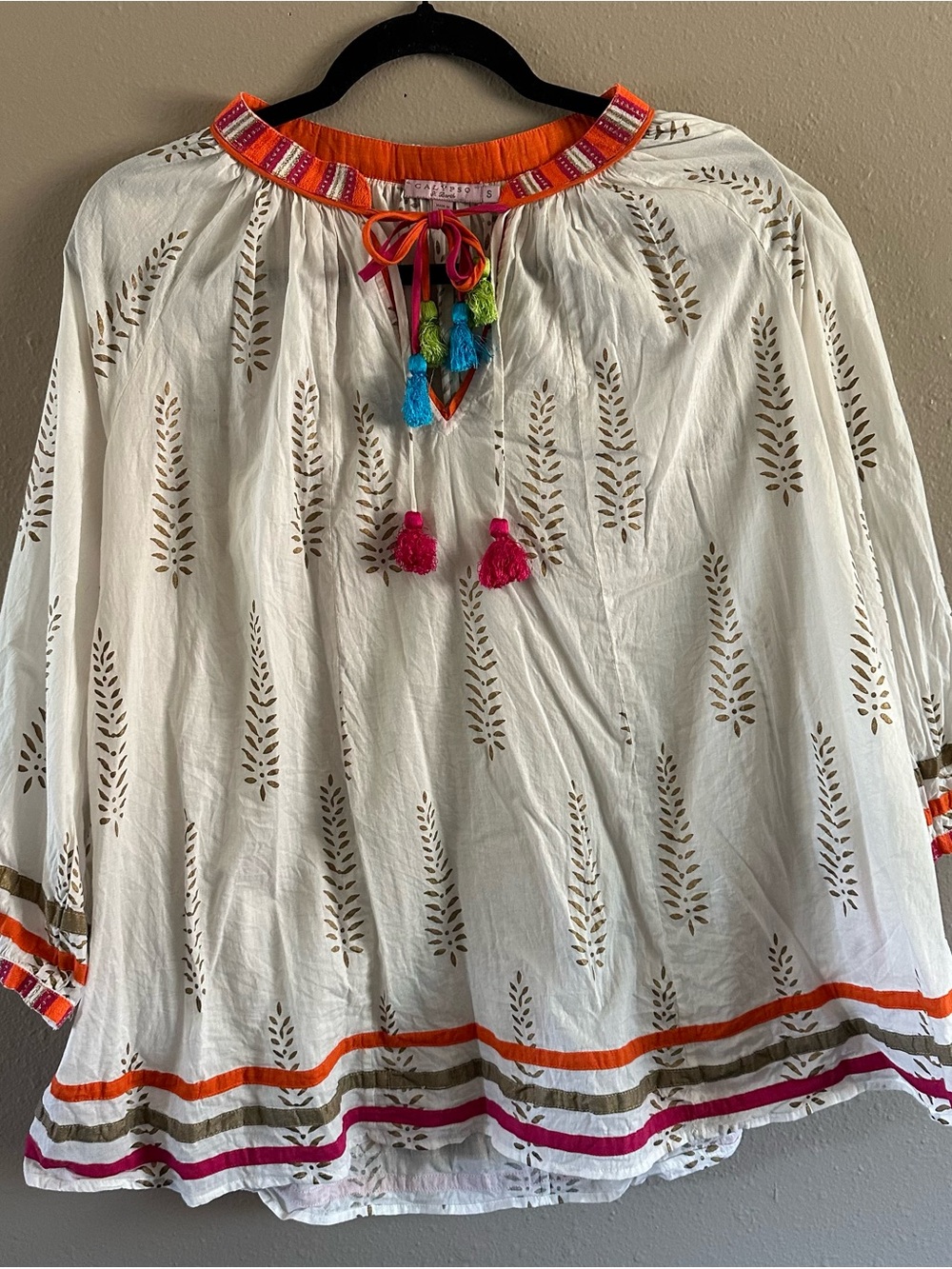 Calypso St. Barth White Block Print Cotton Tunic Blouse Tassel Tie, Size S
